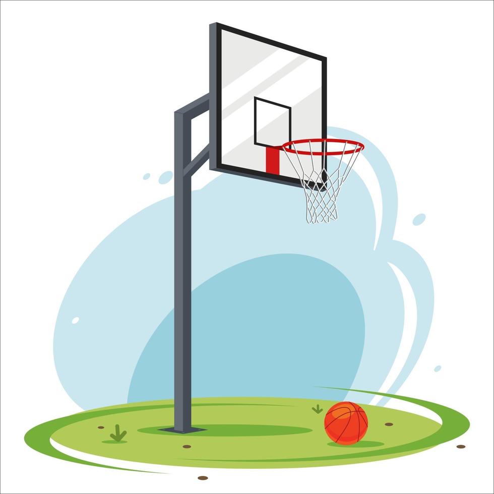 aro de baloncesto del patio trasero. baloncesto amateur en el césped. Ilustración de vector plano de equipamiento deportivo.