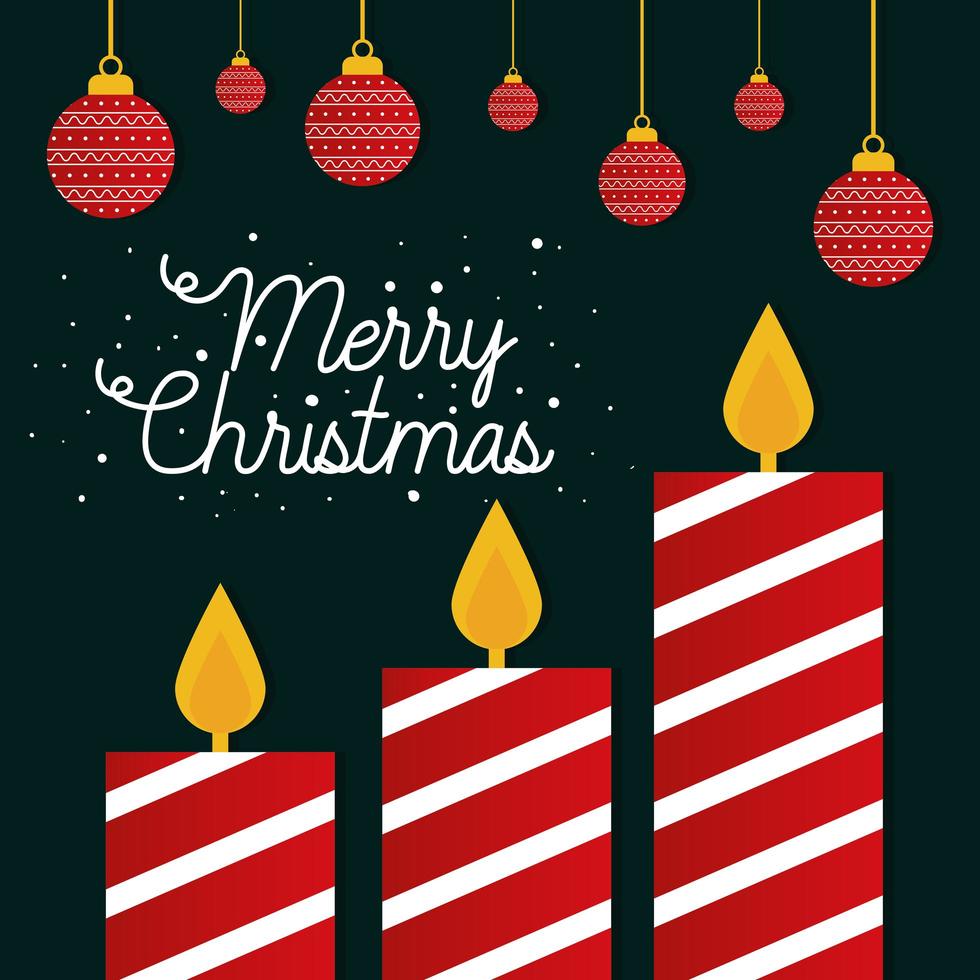 merry christmas striped candles with ornaments hanging vector design