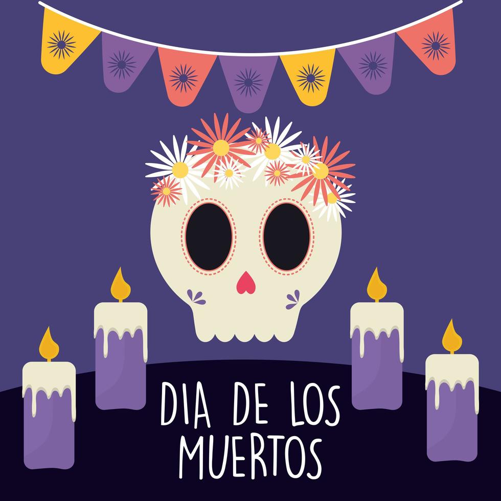 Mexican day of the dead skull with flowers and candles vector design