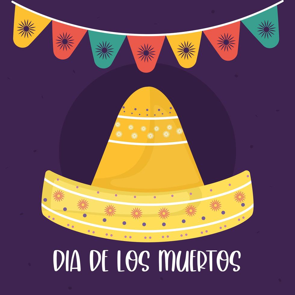 sombrero mexicano del día de los muertos con diseño de vector de banderín