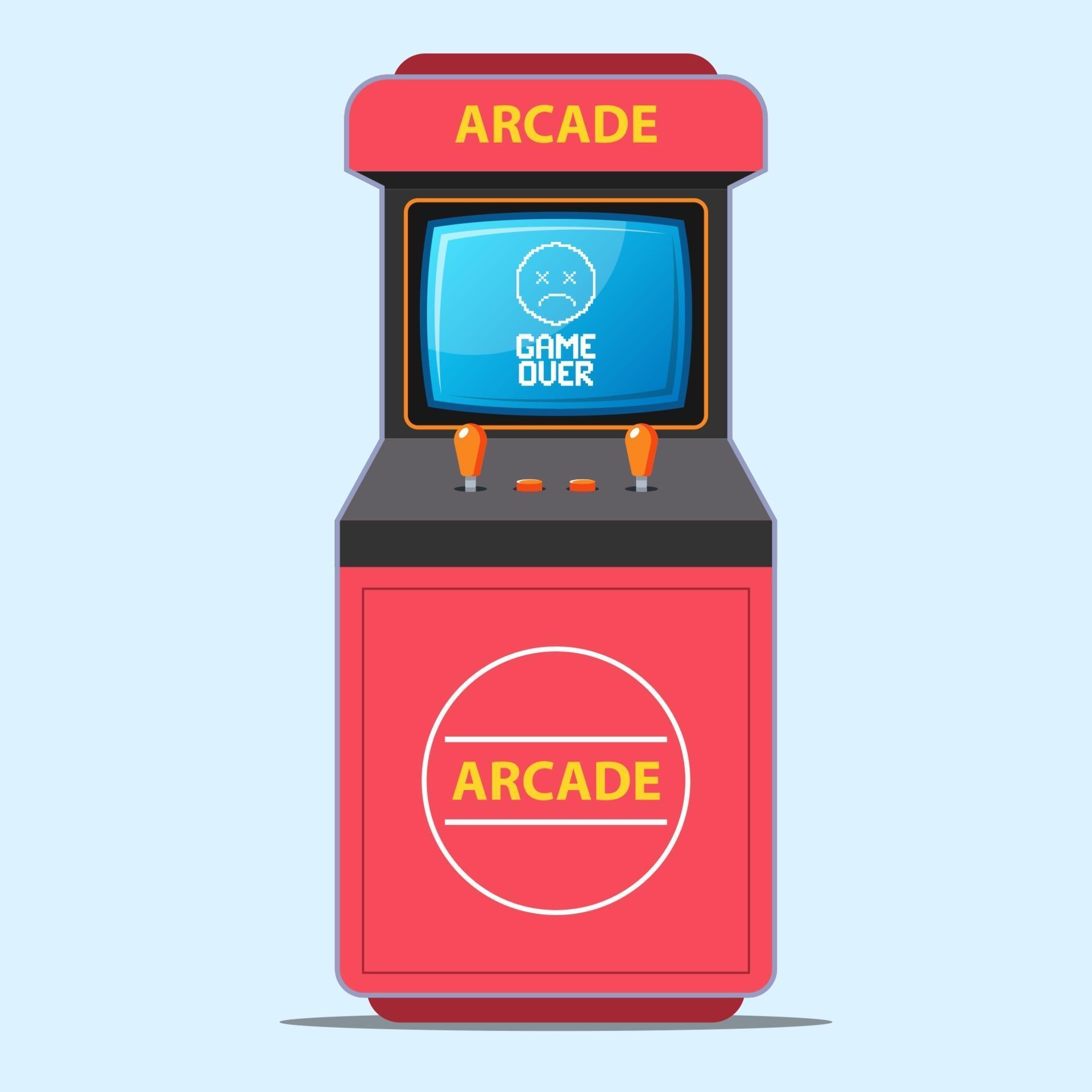 red arcade game machine. game over screen caption. flat vector