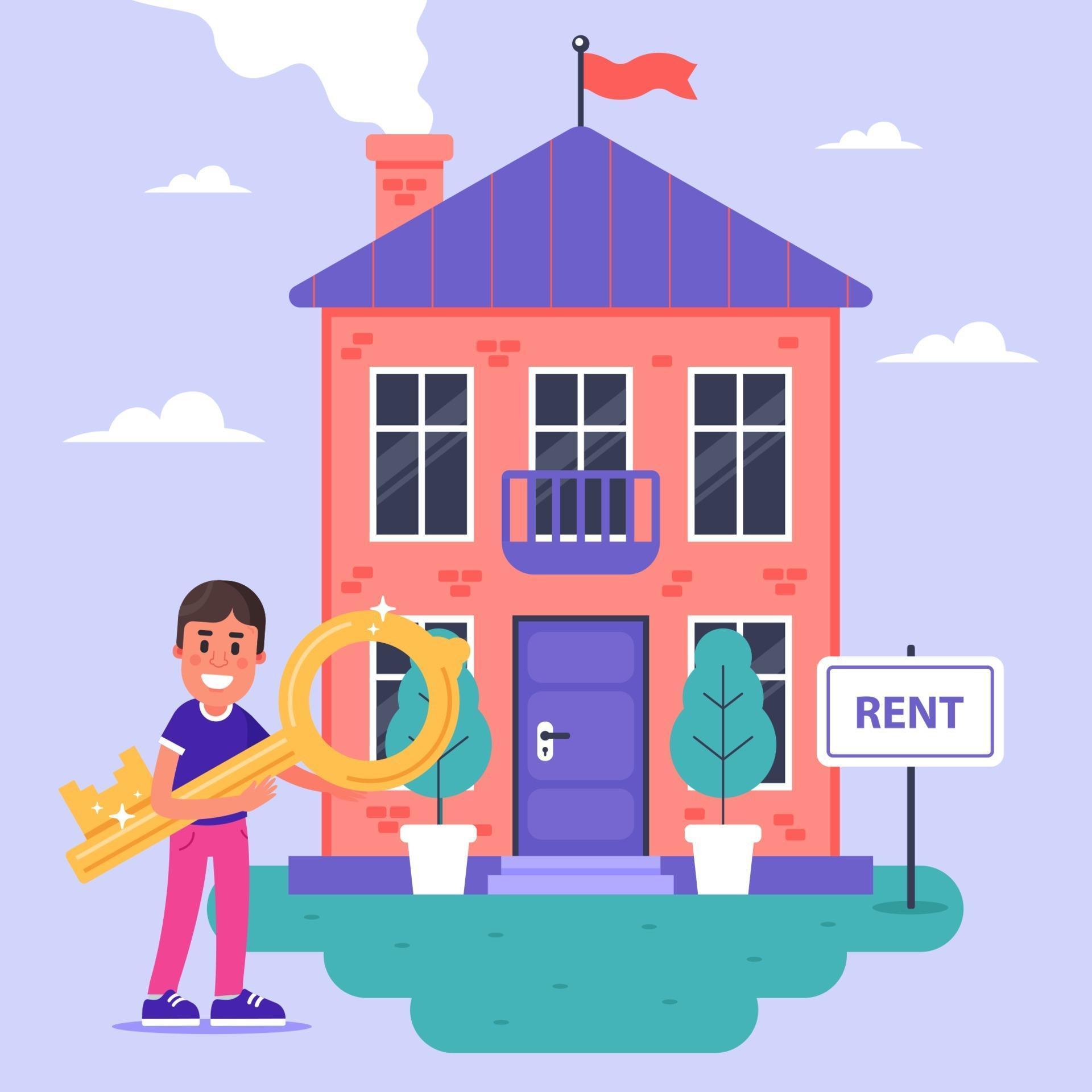 the landlord rents a brick house for rent. flat vector illustration