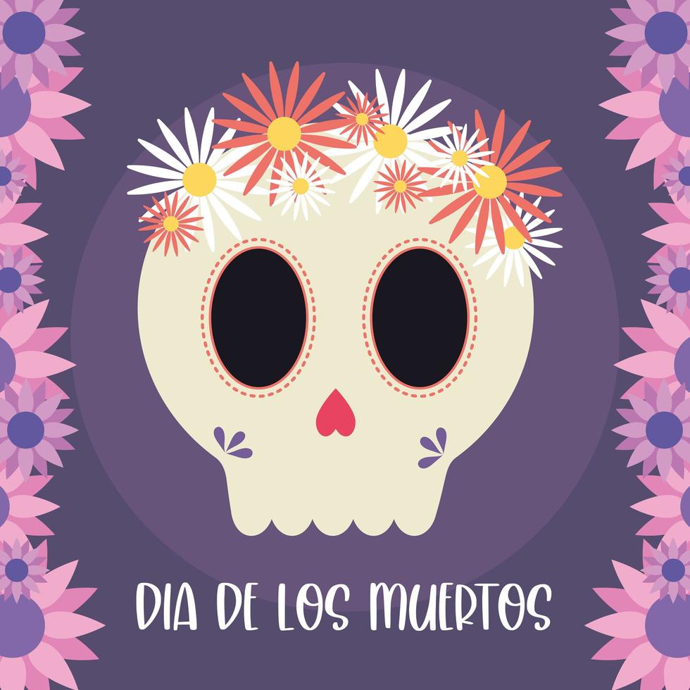 Día mexicano de la cabeza de calavera muerta con diseño de vector de flores