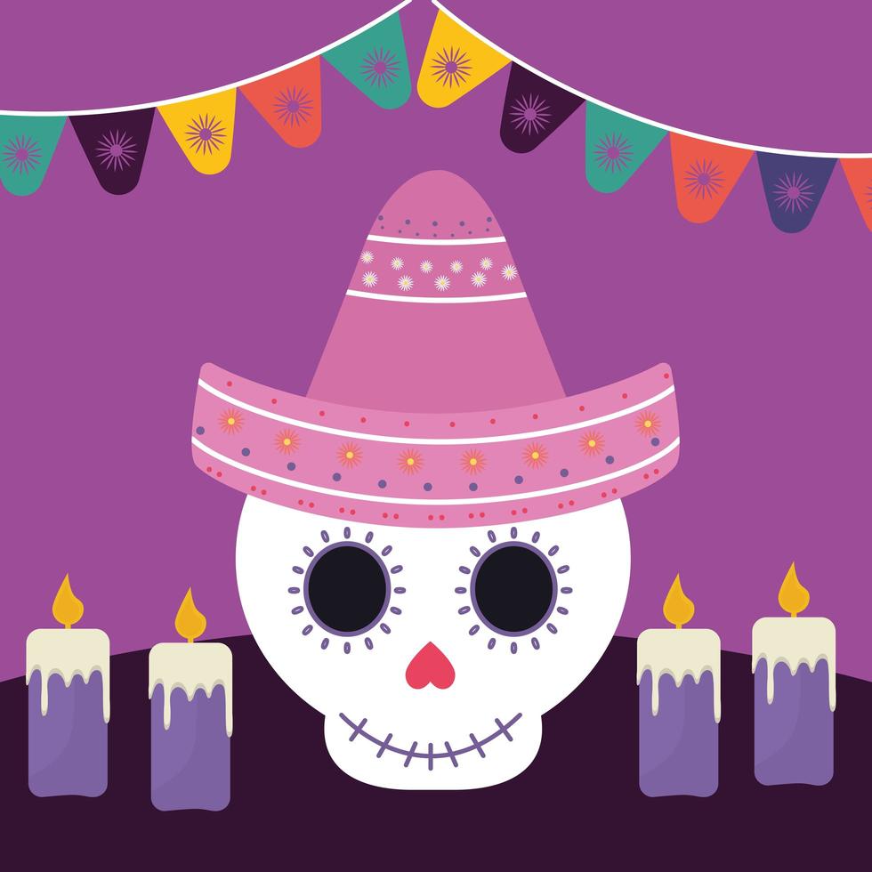 Día mexicano de la calavera muerta con sombrero sombrero y velas diseño vectorial vector