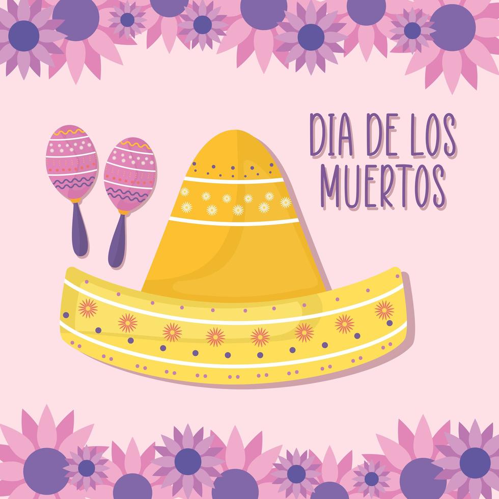 Día mexicano de los muertos maracas y sombrero sombrero con diseño vectorial de flores vector