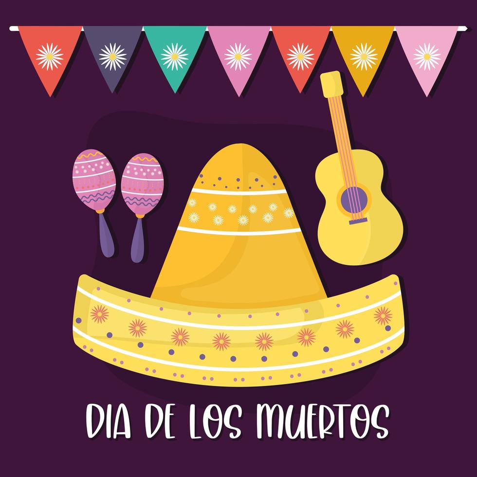 maracas del día mexicano de los muertos, sombrero sombrero y diseño vectorial de guitarra vector