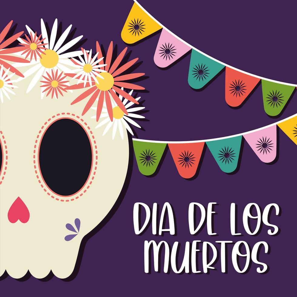 Día mexicano de la cabeza de calavera muerta con diseño de vector de flores