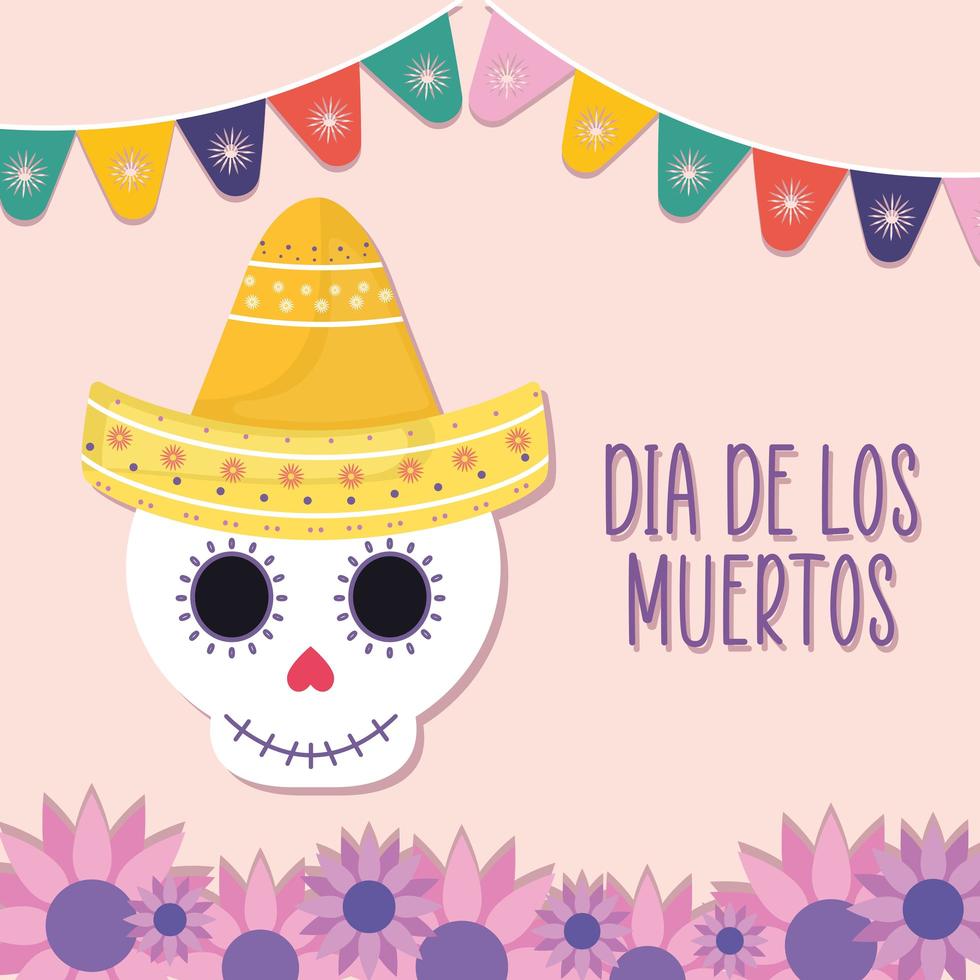 Mexican day of the dead skull with sombrero hat and flowers vector design