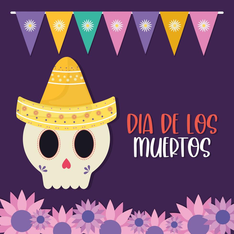 día mexicano de los muertos calavera con sombrero y flores diseño vectorial vector