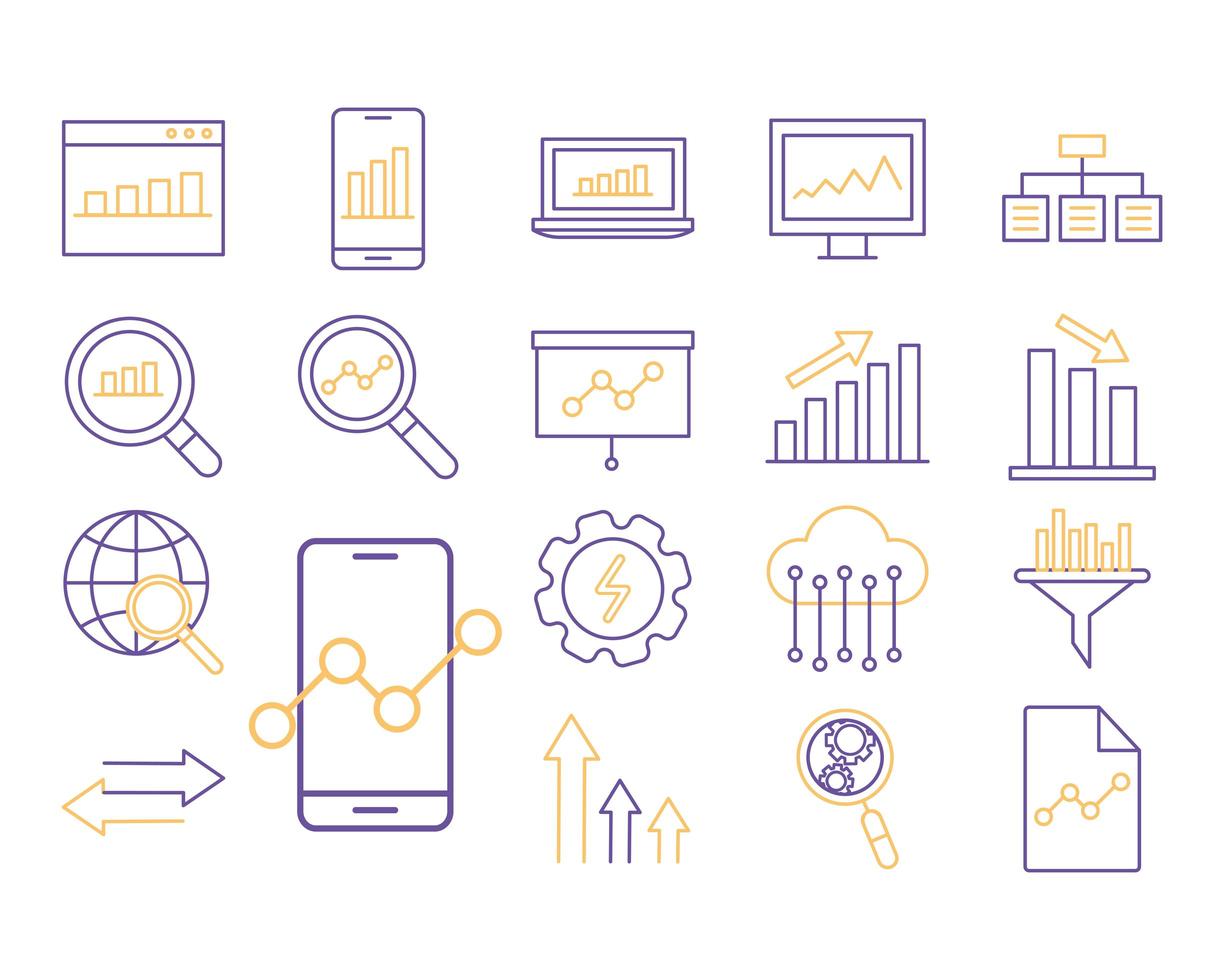 Data analysis line style icon set vector