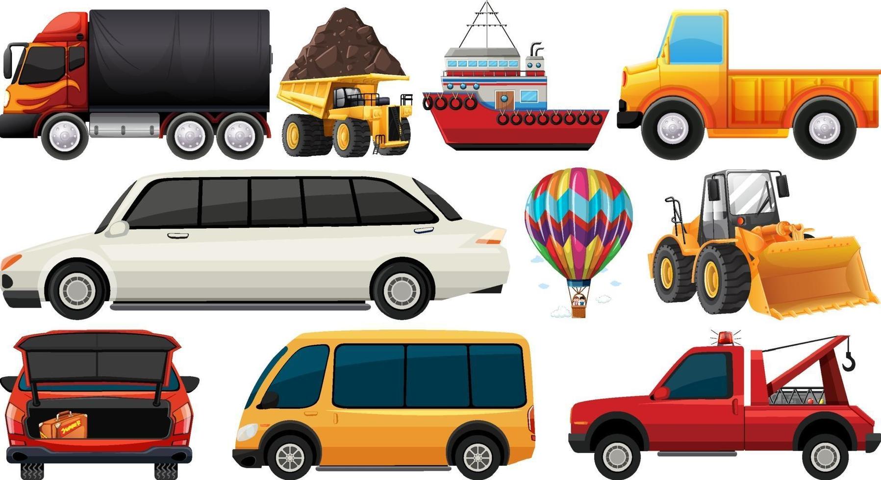 Set of different kind of cars and trucks isolated on white background vector