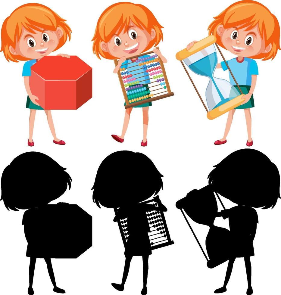 Cartoon character of a girl doing different activities with silhouette vector