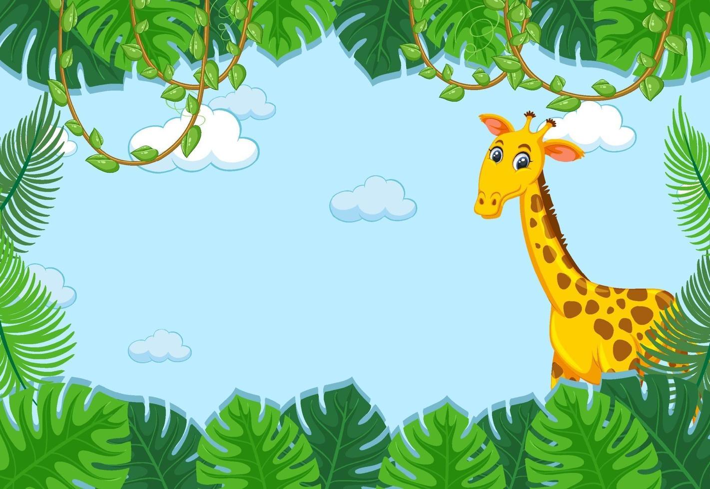 personaje de dibujos animados de jirafa con marco de hojas tropicales vector