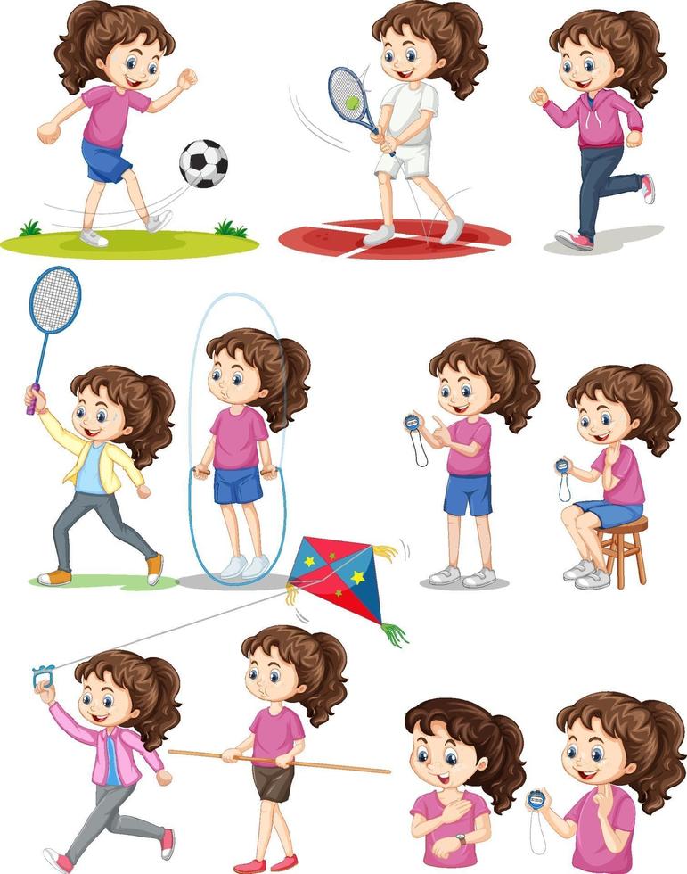 conjunto de niña haciendo diferentes tipos de deportes. vector