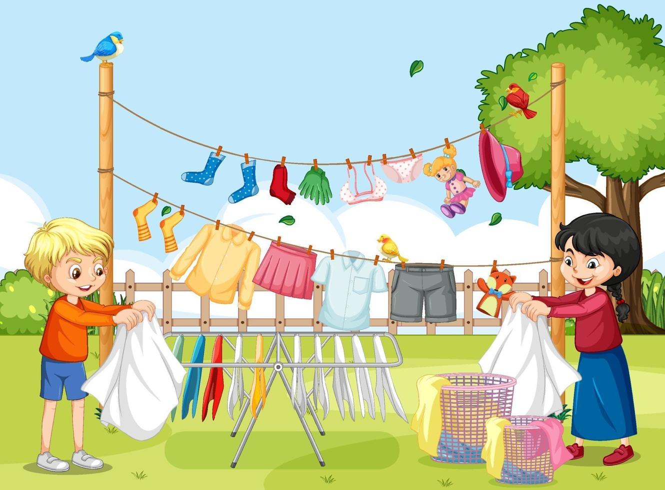 Escena al aire libre con niños colgando ropa en tendederos. vector