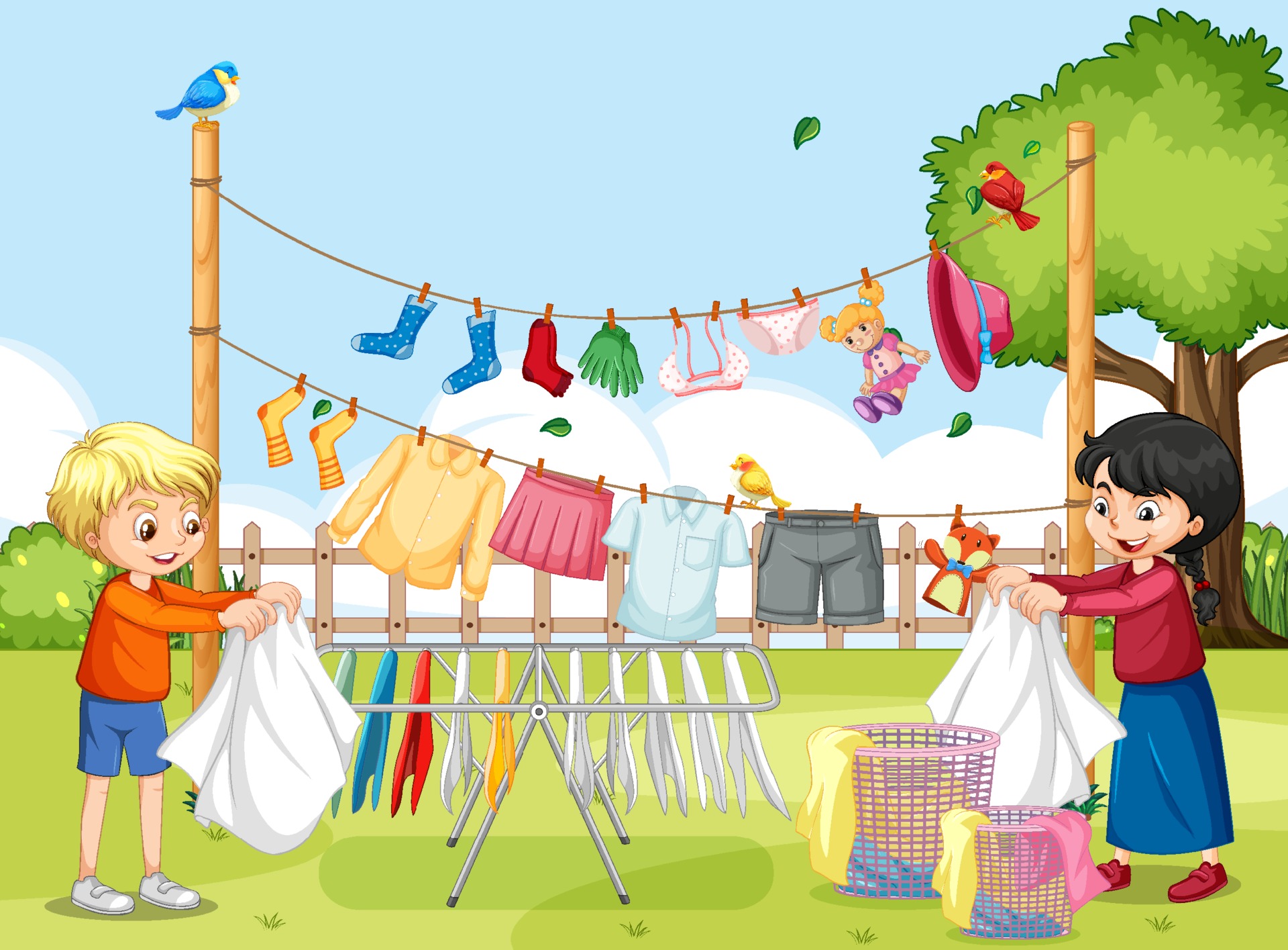 Outdoor scene with children hanging clothes on clotheslines 2097290