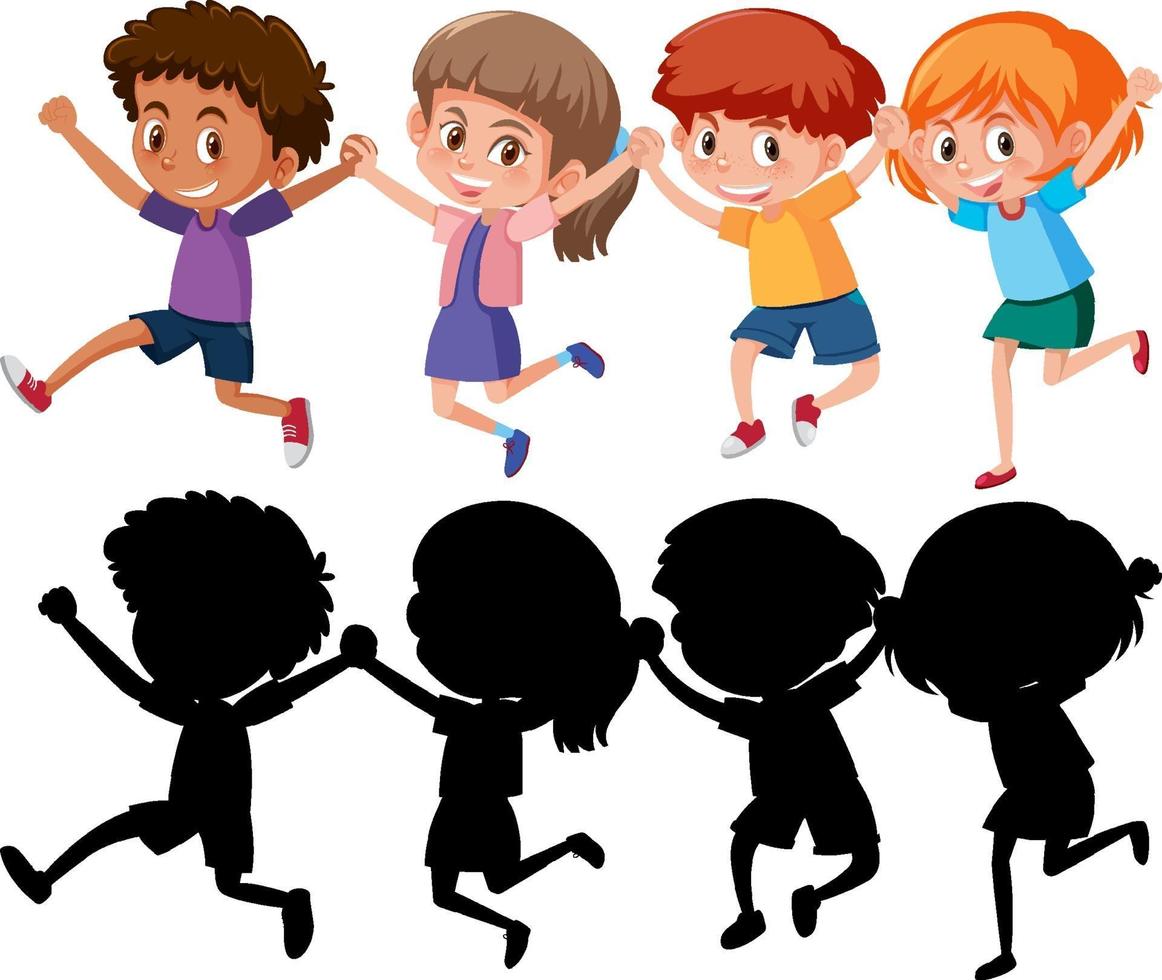 Set of different happy kids cartoon character with silhouette vector