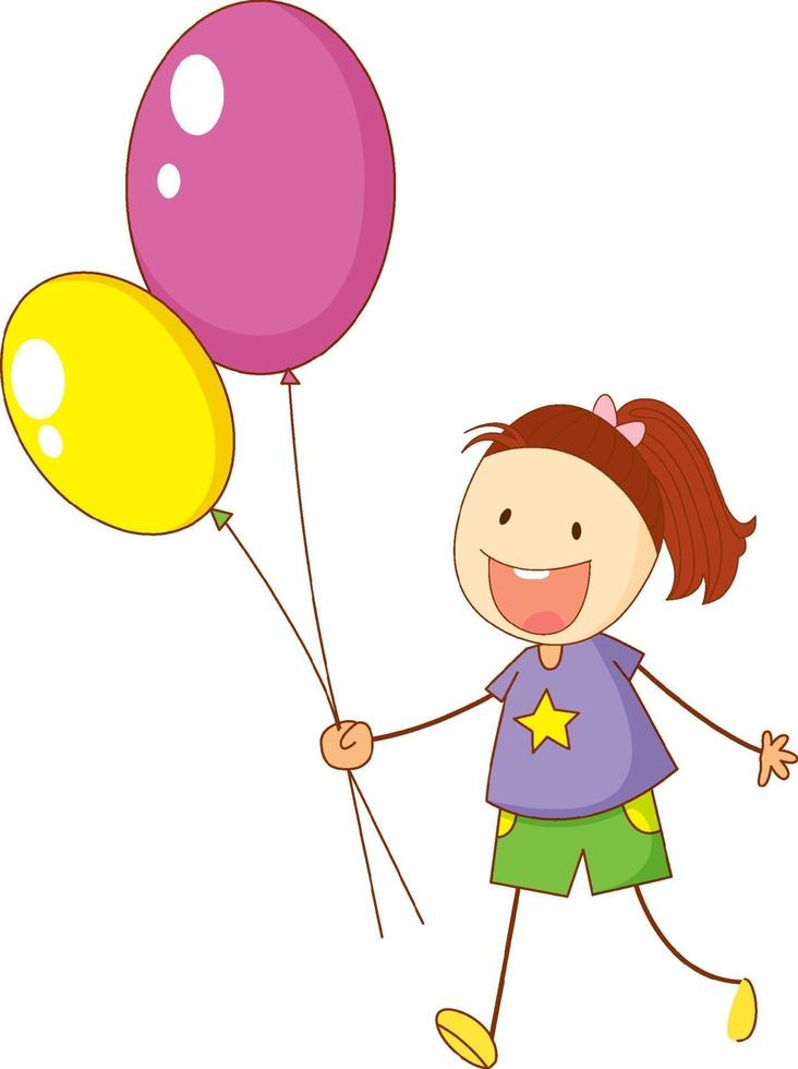 un niño doodle sosteniendo globos personaje de dibujos animados aislado vector