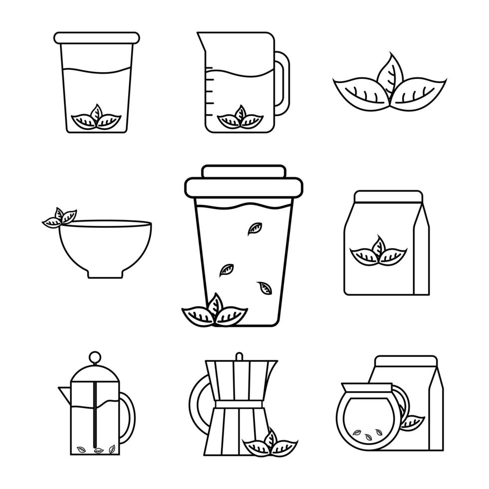 conjunto de iconos de estilo de línea de té vector