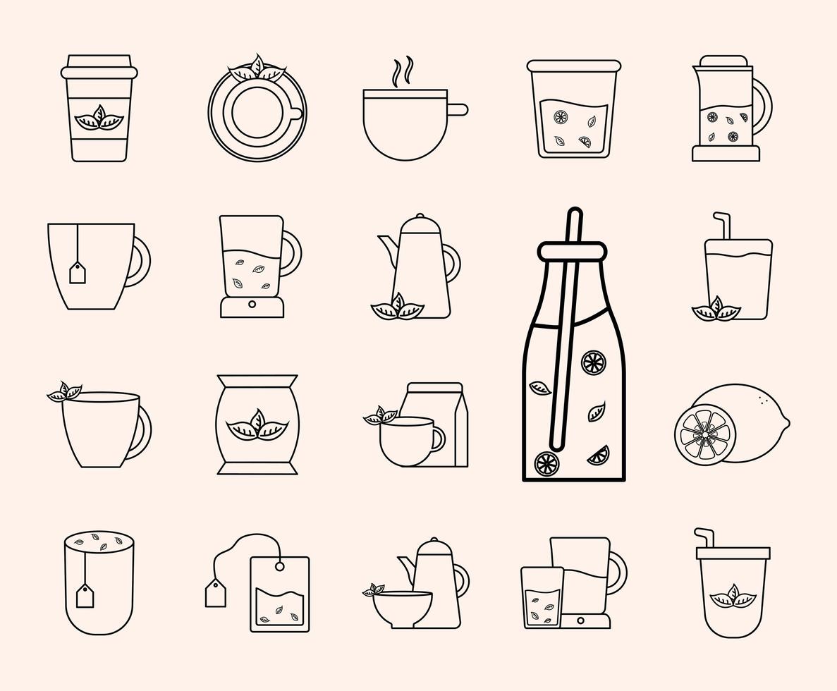 conjunto de iconos de estilo de línea de té vector