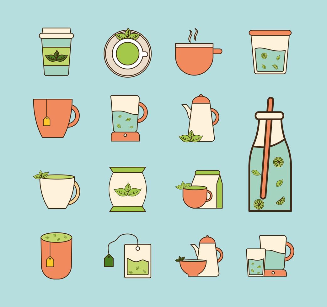 línea de té y conjunto de iconos de estilo de relleno vector