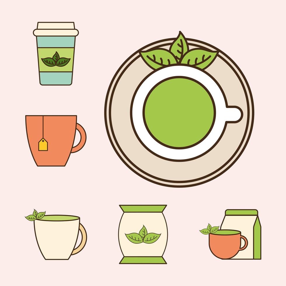 línea de té y conjunto de iconos de estilo de relleno vector