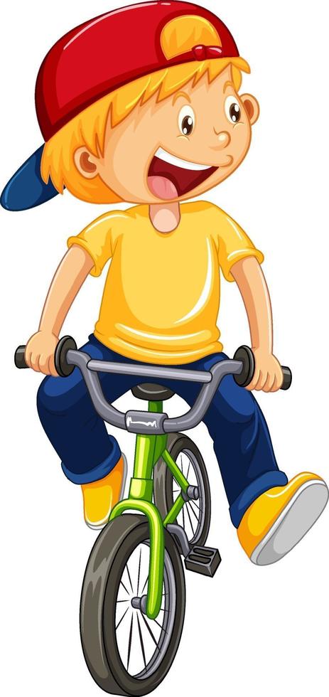 Un niño en bicicleta, personaje de dibujos animados aislado sobre fondo blanco. vector