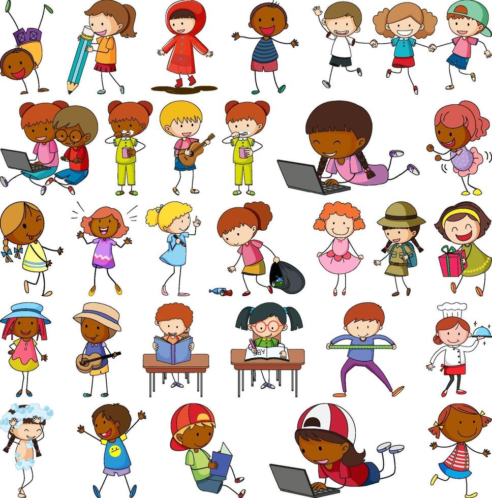 Set of different doodle kids cartoon character isolated vector