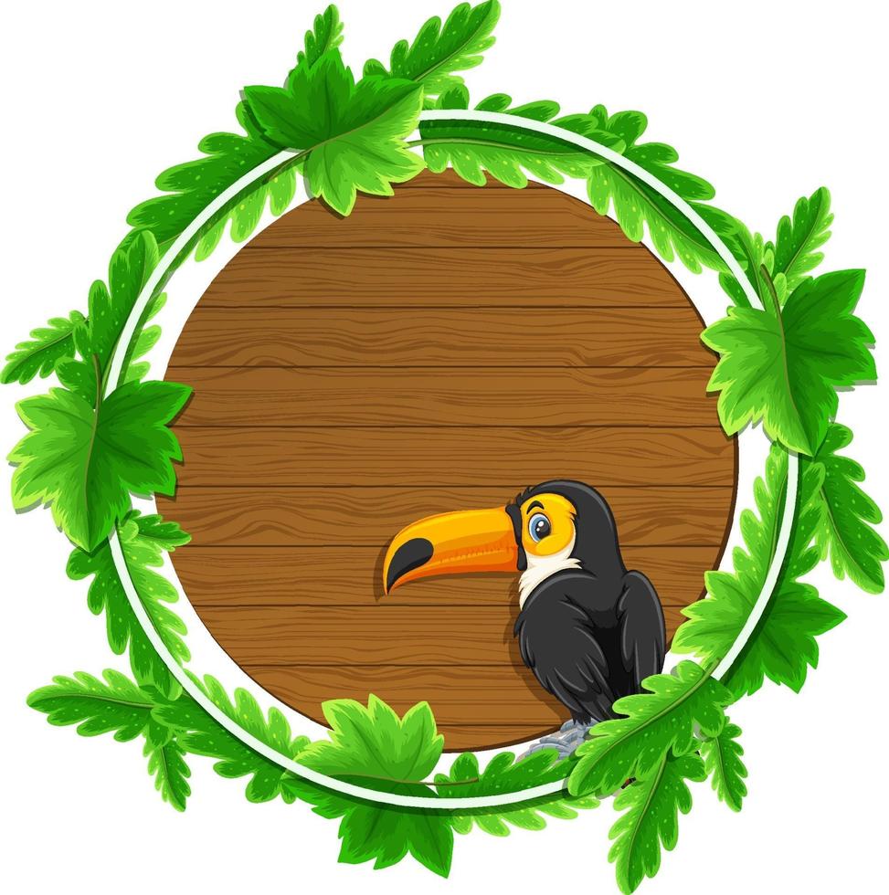 Round green leaves banner template with a toucan cartoon character vector