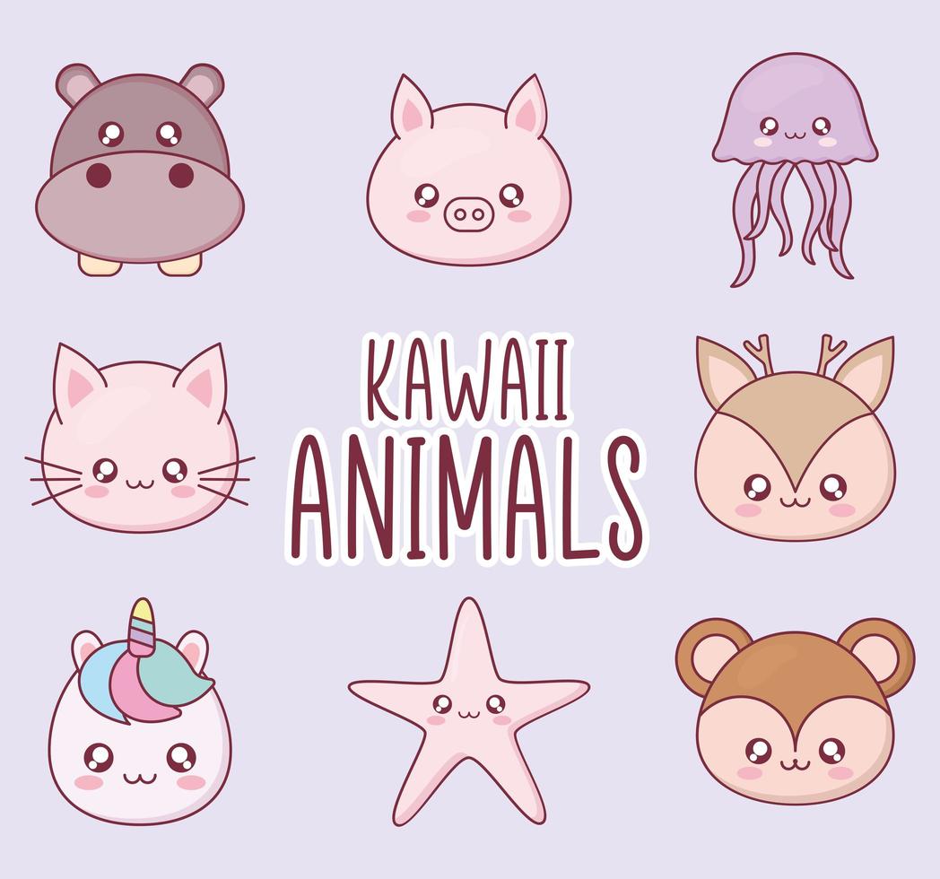 Kawaii animal cartoon icon set vector