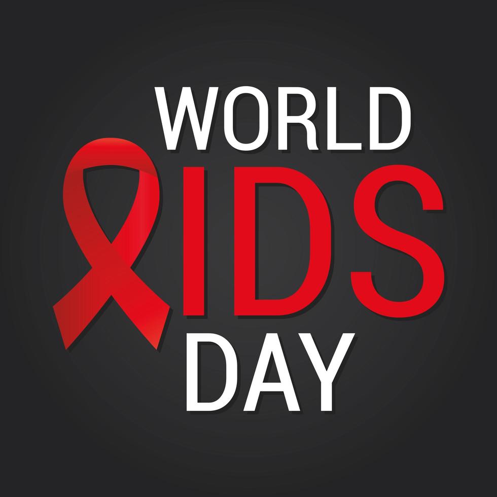 Letras del día mundial del sida con una cinta roja sobre un fondo negro vector