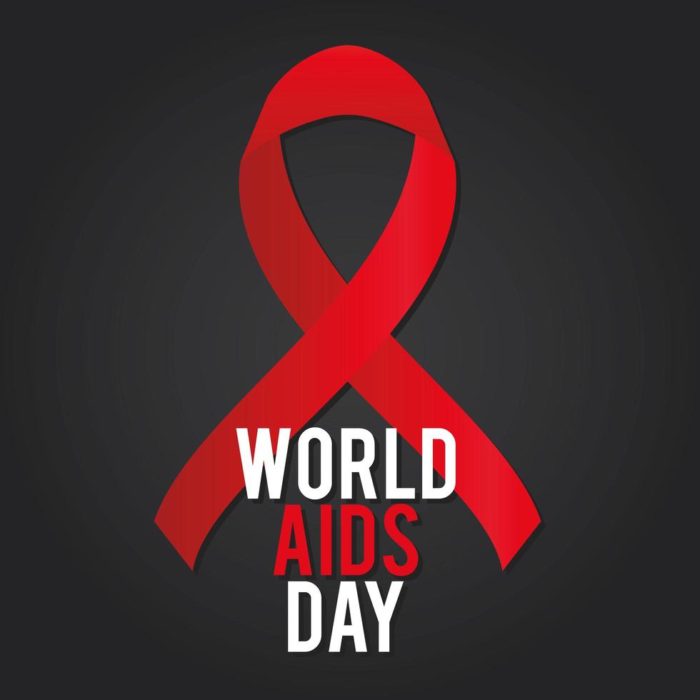 world aids day lettering with a big red ribbon vector