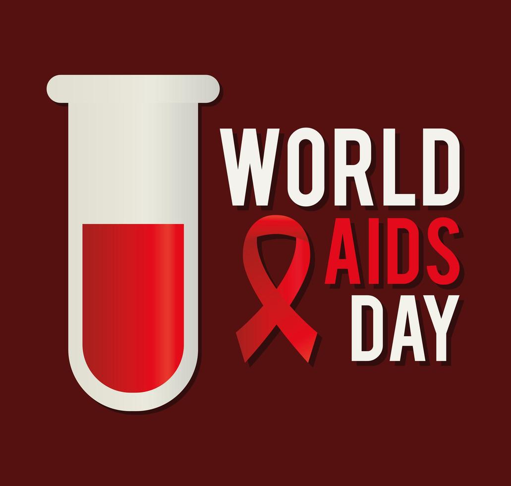 Letras del día mundial del sida con una cinta y un tubo de ensayo. vector