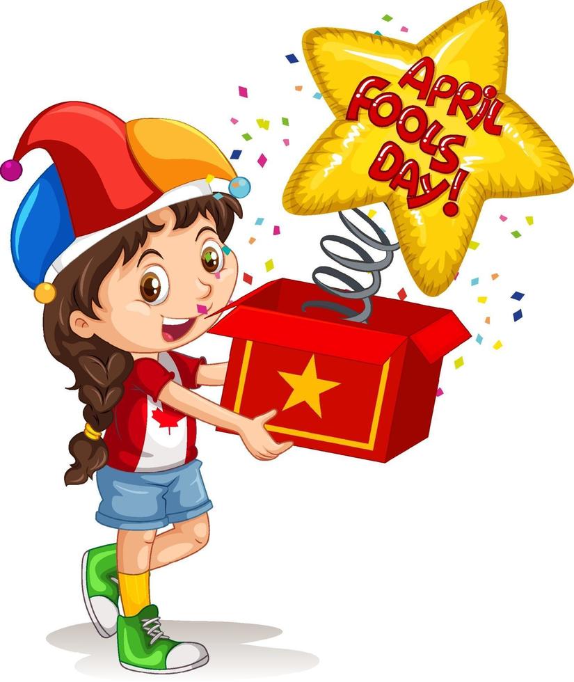A girl wearing jester hat holding surprise box with April's fool day font vector