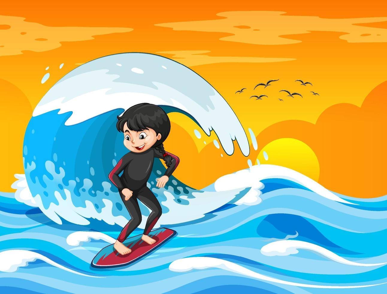 Big wave in the ocean scene with girl standing on a surf board vector