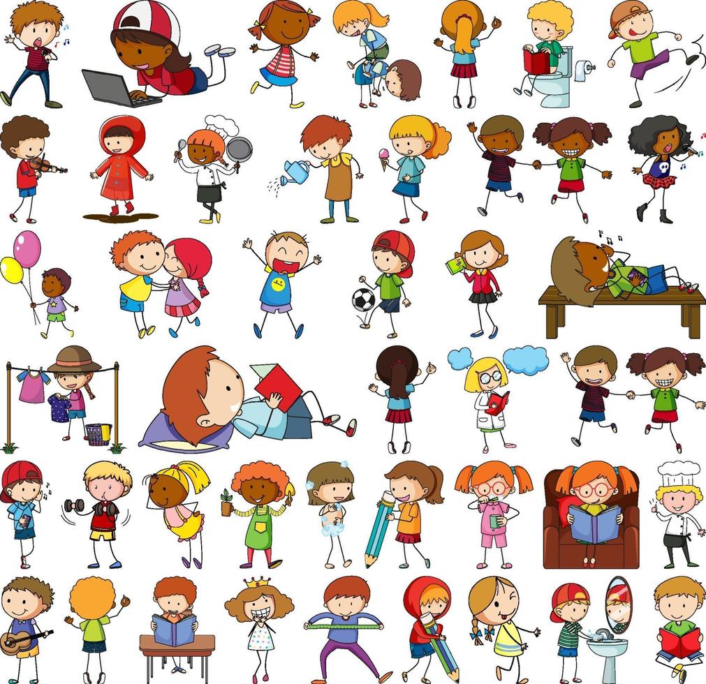 Set of different doodle kids cartoon character vector