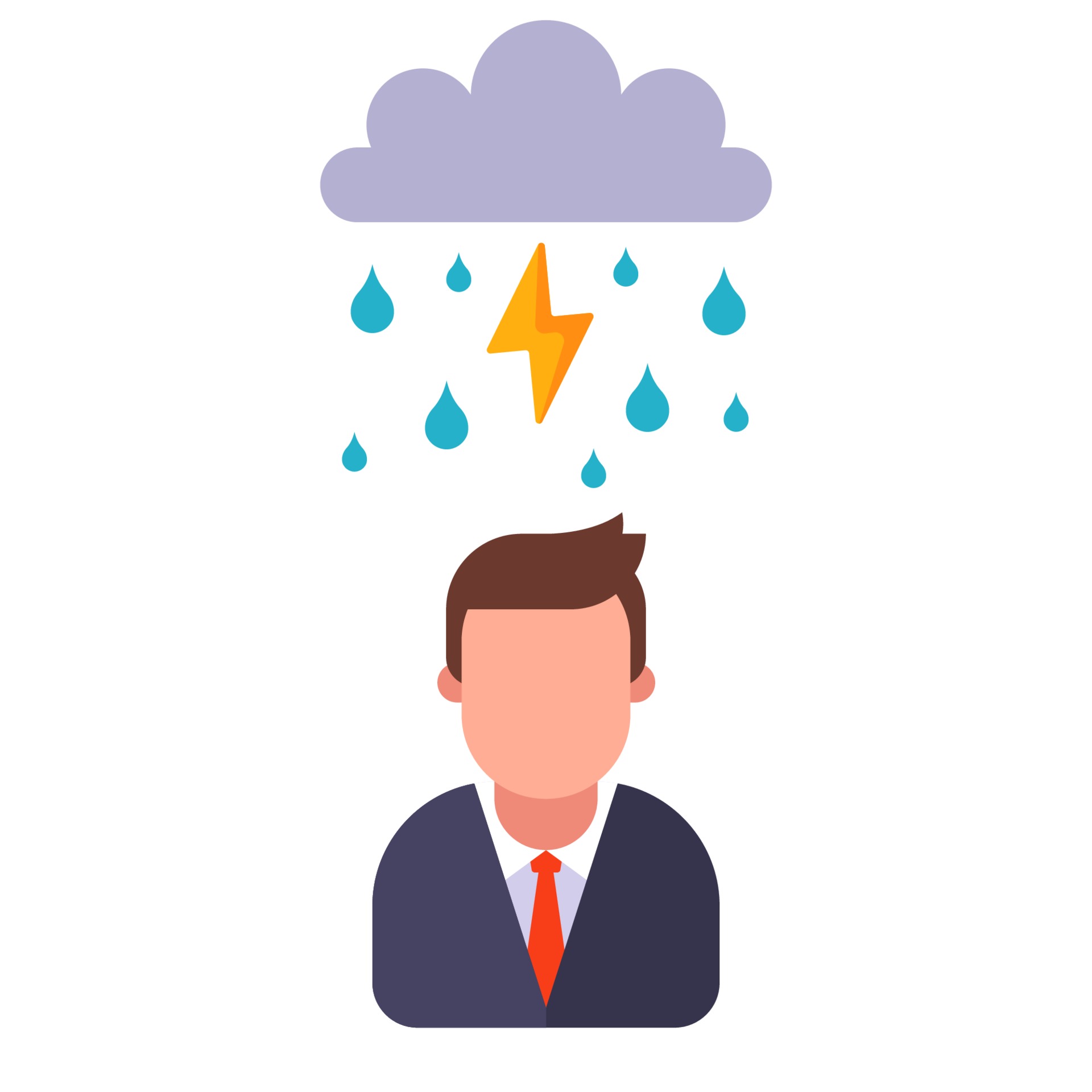 Man gets wet in the rain, on a walk in bad weather. flat vector
