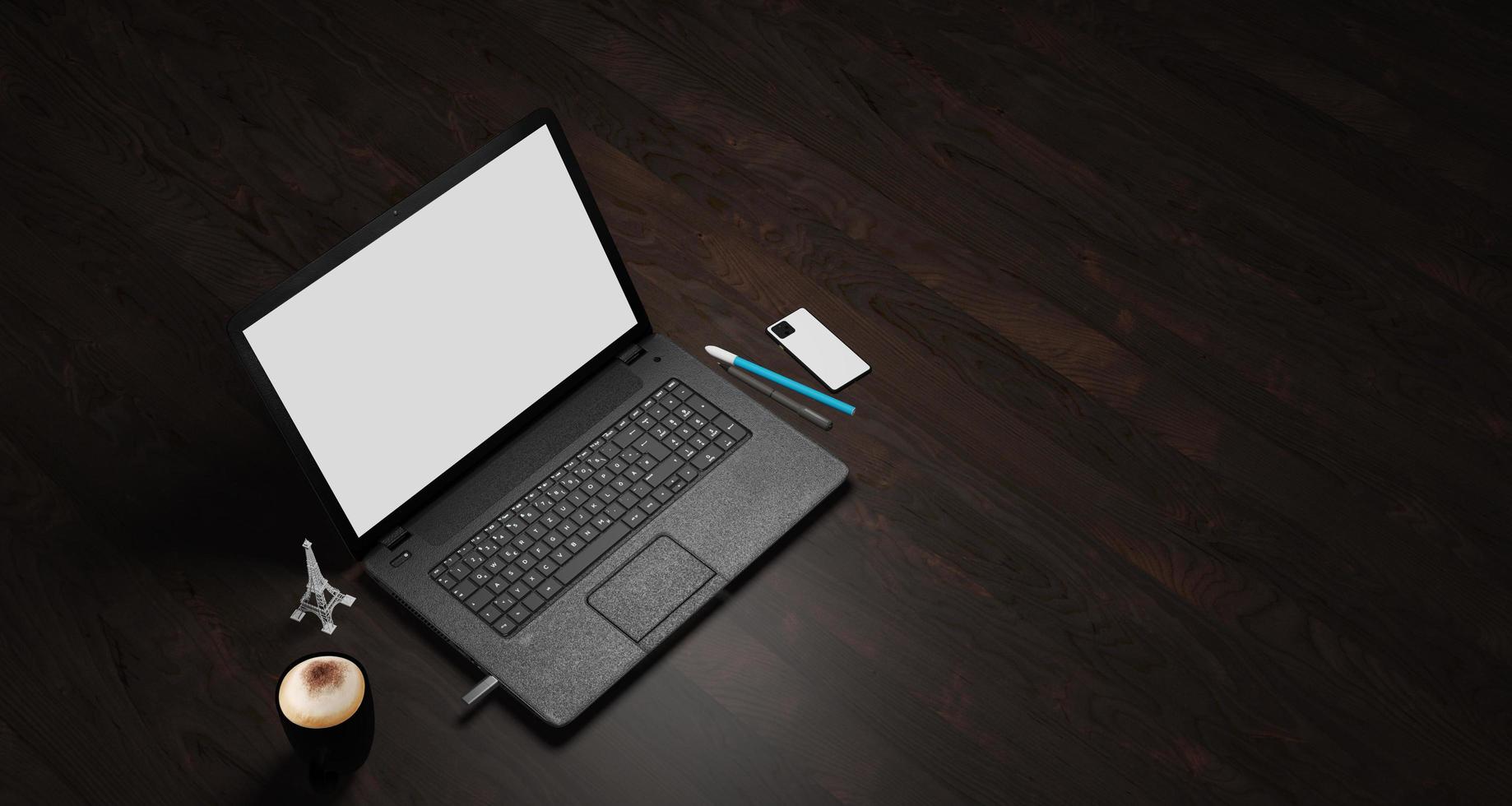 3D illustration of dark wood with laptop computer, pen, phone and supplies, top view photo