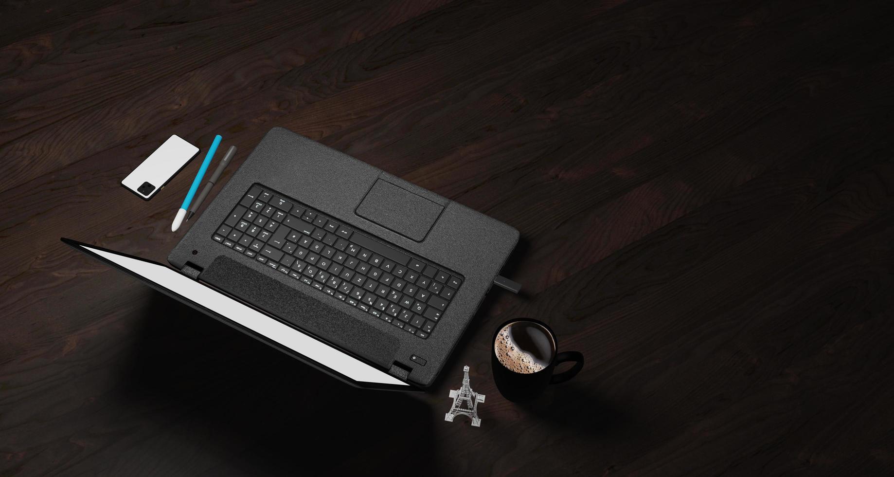 3D illustration of dark wood with laptop computer, pen, phone and supplies, top view photo