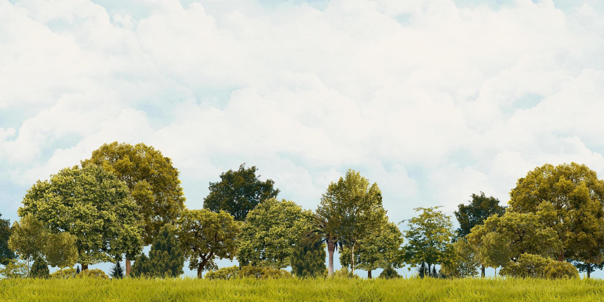 prado verde y cielos nublados, vista panorámica, ilustración 3d foto
