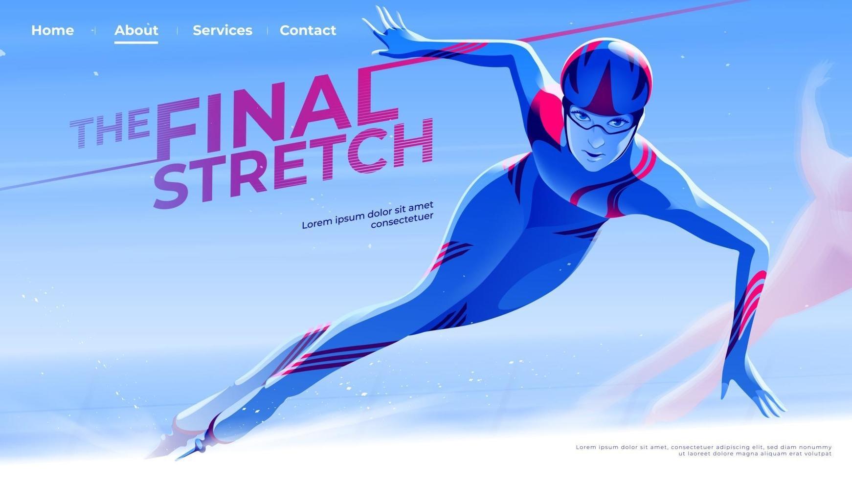 Vector illustration for UI or a landing page in speed skating theme of the female skate athlete exiting the curve into the final stretch.