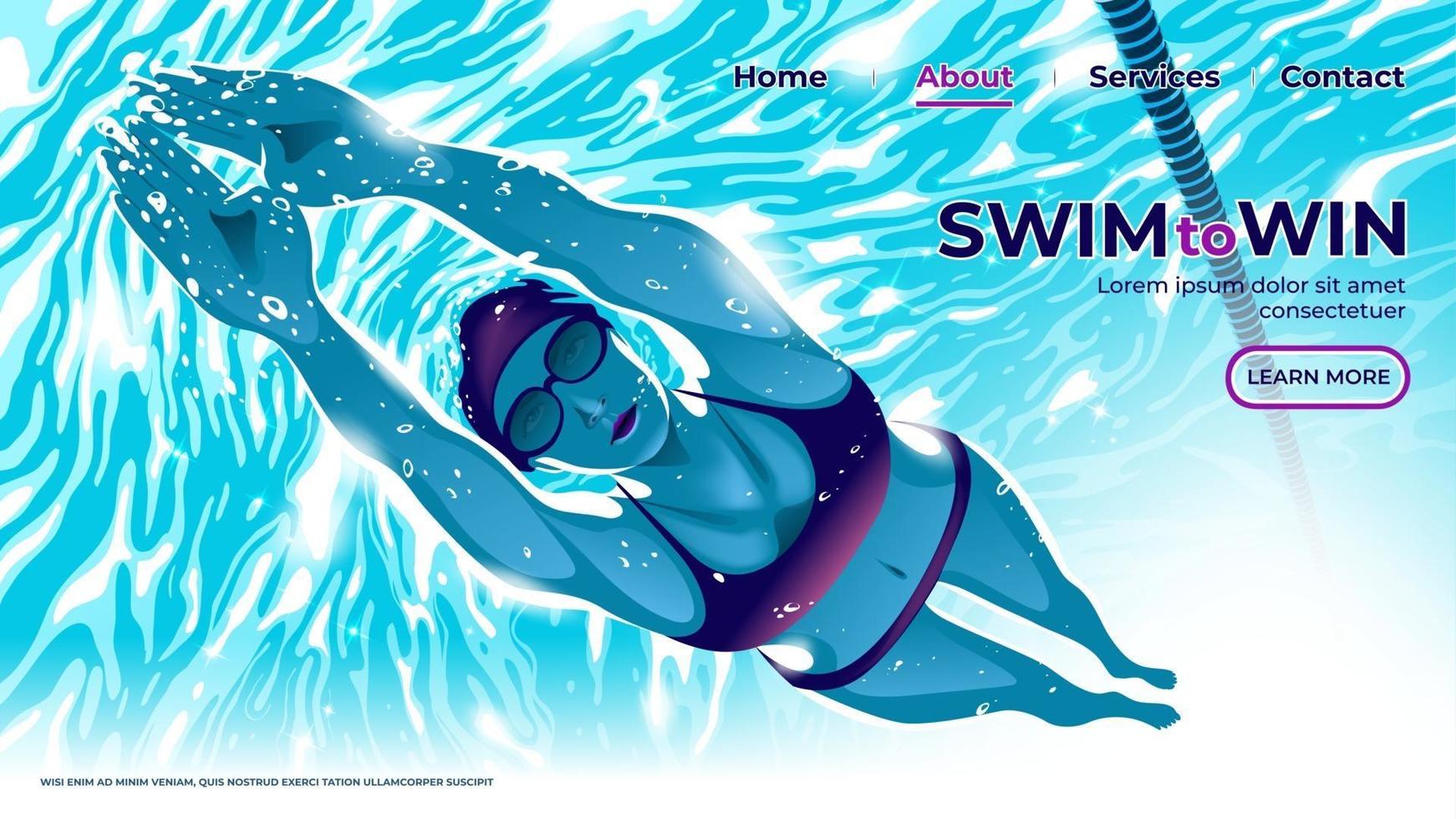 una ilustración vectorial para la interfaz de usuario o la página de inicio de la atleta de natación femenina buceando bajo el agua en la piscina con determinación en los ojos vector