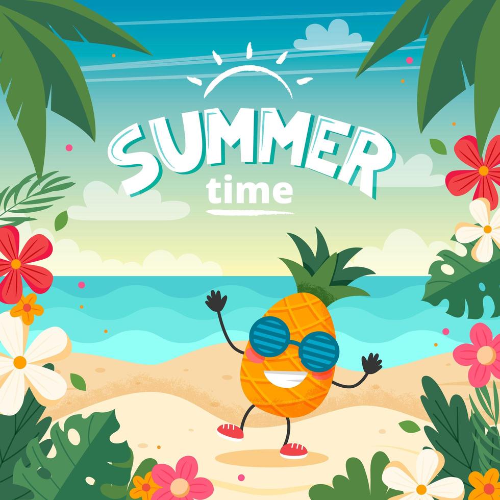 tarjeta de horario de verano con carácter de piña, paisaje de playa, letras y marco floral. ilustración vectorial en estilo plano vector