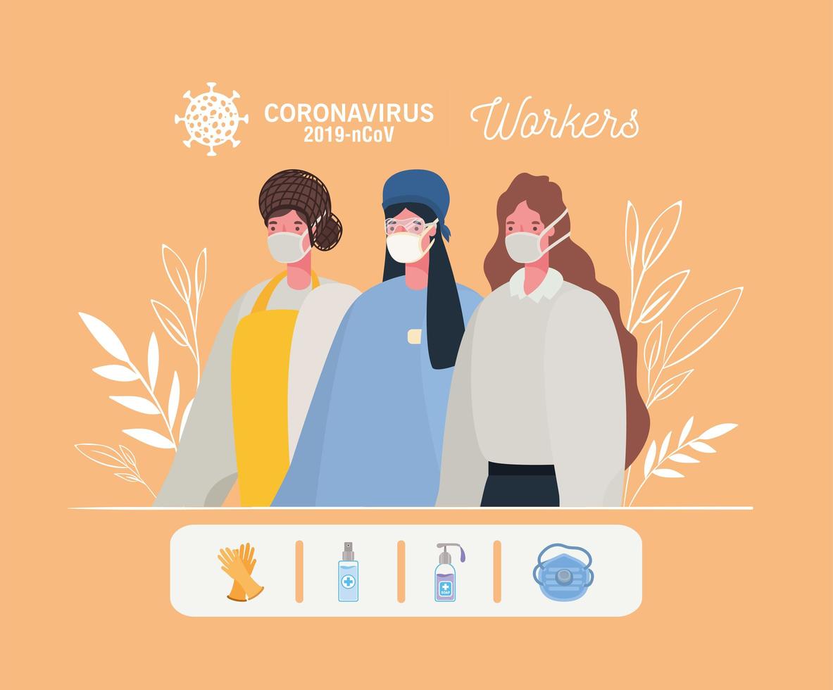 Female essencial workers with face masks banner with icons vector