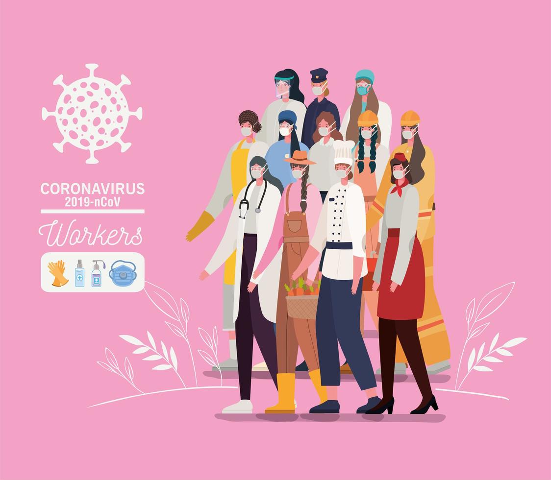 Female essencial workers with face masks vector