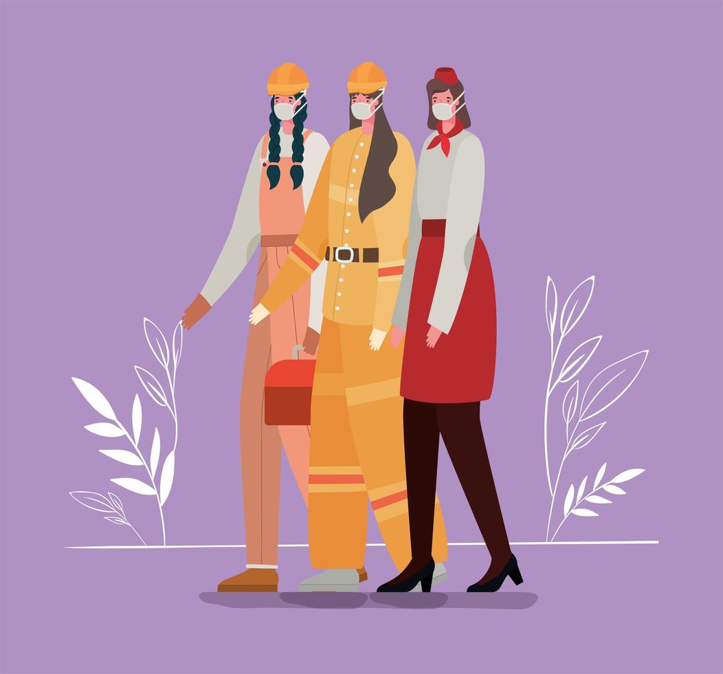 Female essencial workers with face masks vector