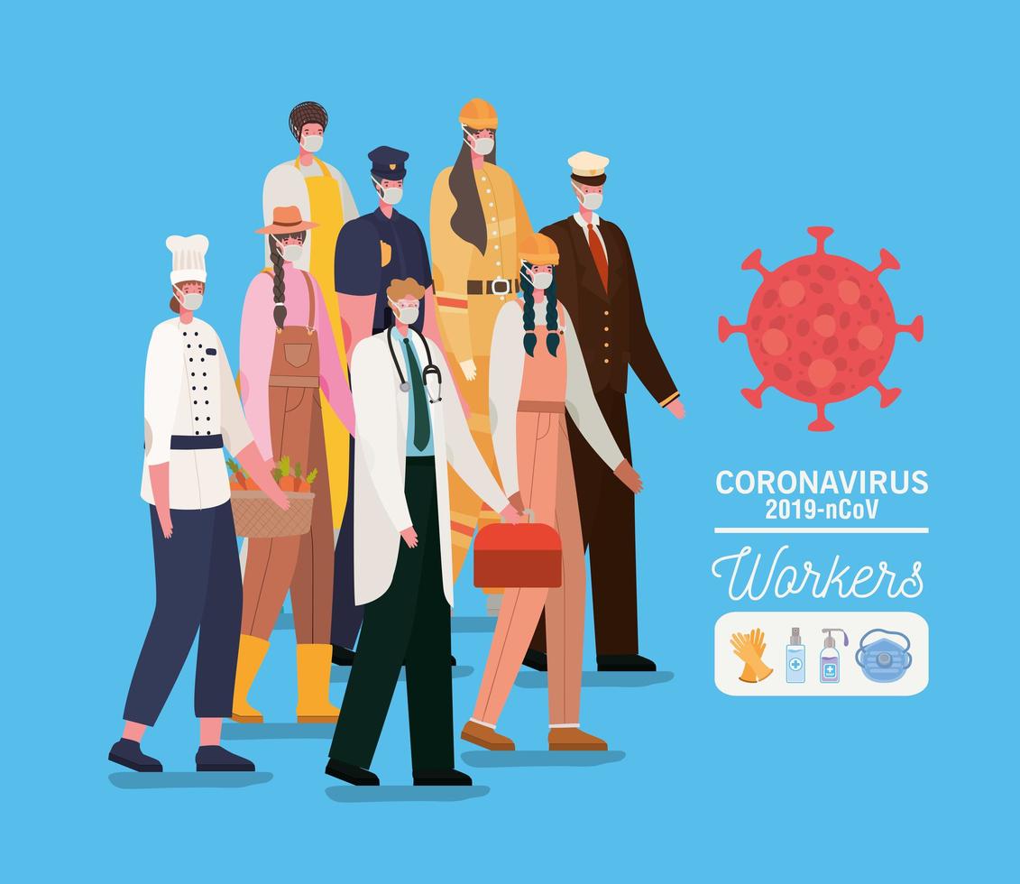 Essencial workers with face masks vector