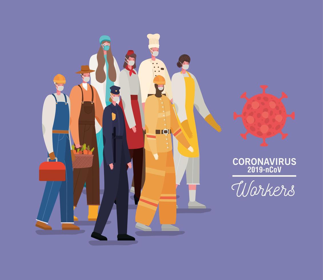 Essencial workers with face masks vector