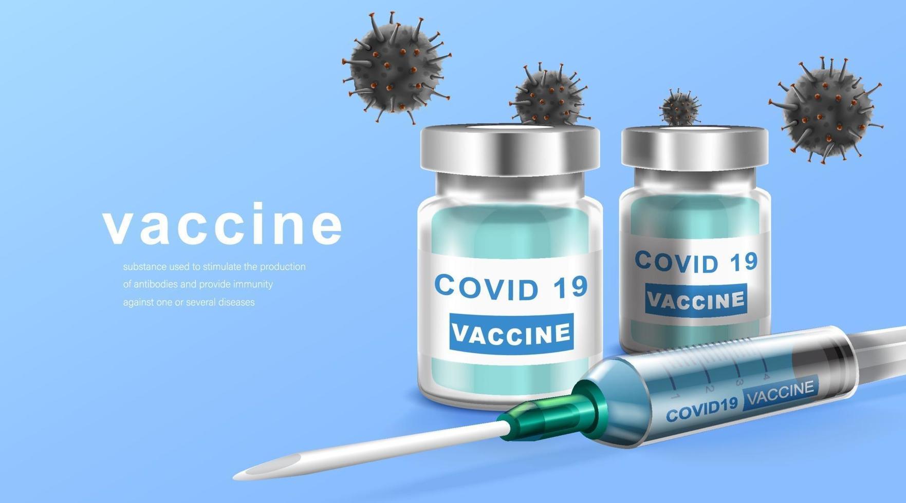 Coronavirus vaccine. Immunization treatment. Vaccine bottle and syringe injection tool for covid19. Vector illustration.