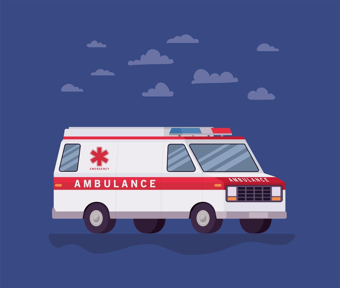 ambulancia, paramédico, coche, vista lateral, y, nubes, vector, diseño vector